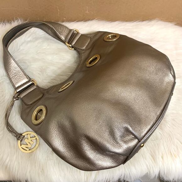 MICHAEL KORS Gold Metallic Leather Grommet Shoulder Tote Bag - Picture 9 of 16